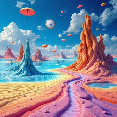 The primary subject of the image is a colorful landscape featuring a rainbow-colored path with a clock in the sky. The setting is a vibrant, artistic environment with a mix of natural and man-made elements. The visual style is a combination of digital art and illustration, creating a whimsical and imaginative atmosphere. The colors and mood are lively and cheerful, with a strong emphasis on the vibrant colors of the rainbow path and the clock in the sky.